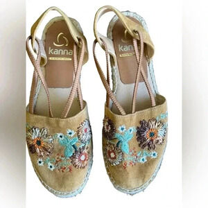 Kanna Women's Slip-On Embroidered "Elissa" Tan Suede Espadrille Shoes